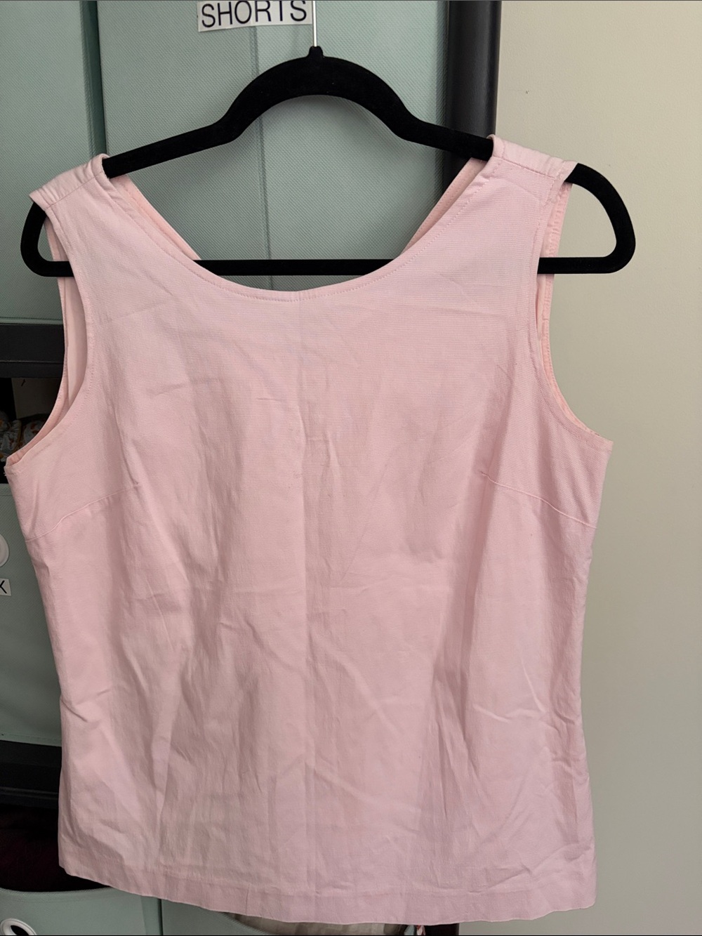 Sara Campbell Soft Pink linen Sleeveless Tank with black bow detail on back